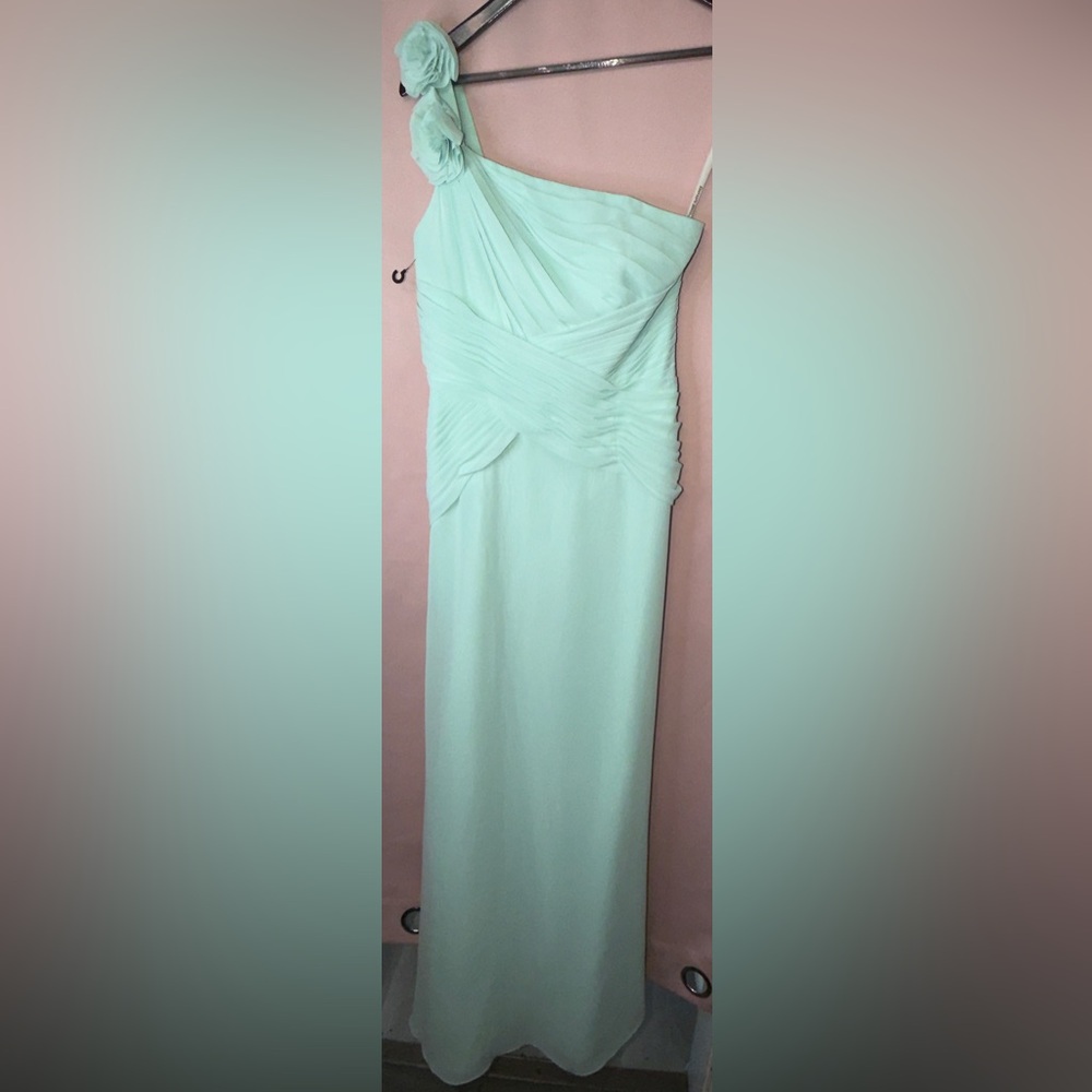 David's Bridal Mint One-Shoulder Chiffon Maxi with Rosette